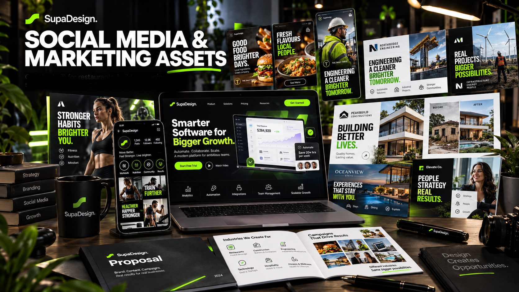 Social media and marketing assets designed by SupaDesign across sports, apps, trades and property