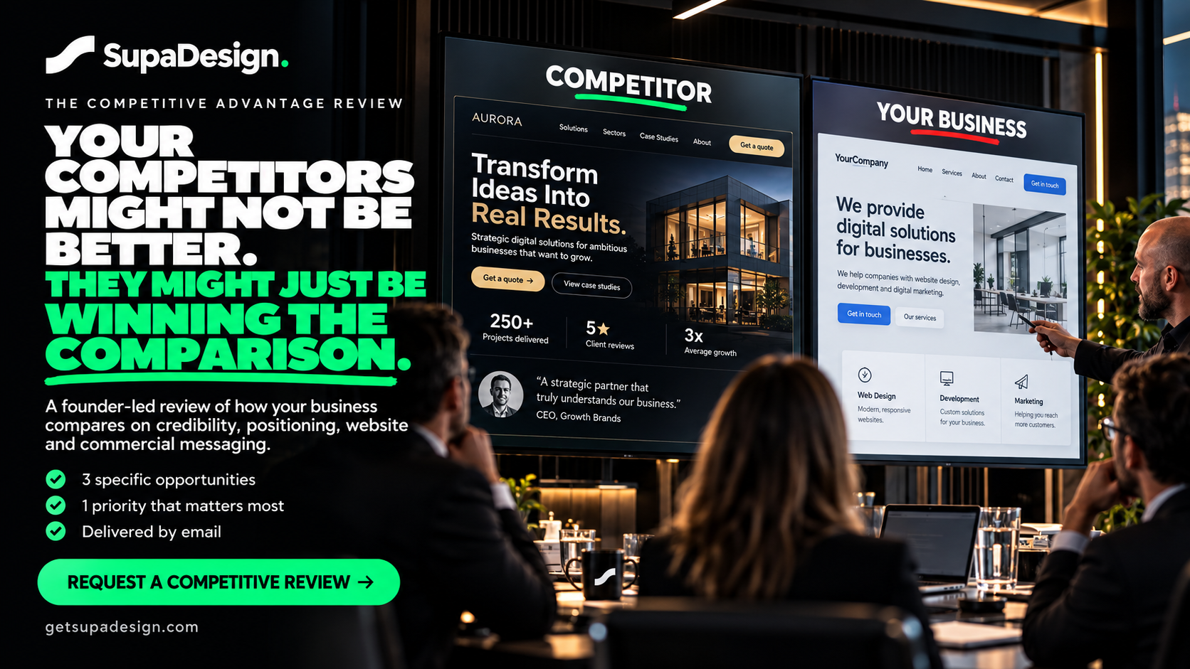 Two businesses compared side by side on screens in a boardroom — the Competitive Advantage Review