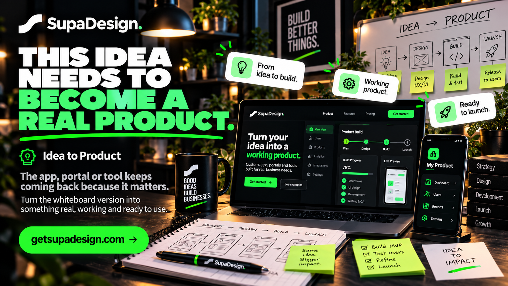 This idea needs to become a real product — a laptop showing a build in progress, with app wireframes sketched beside it