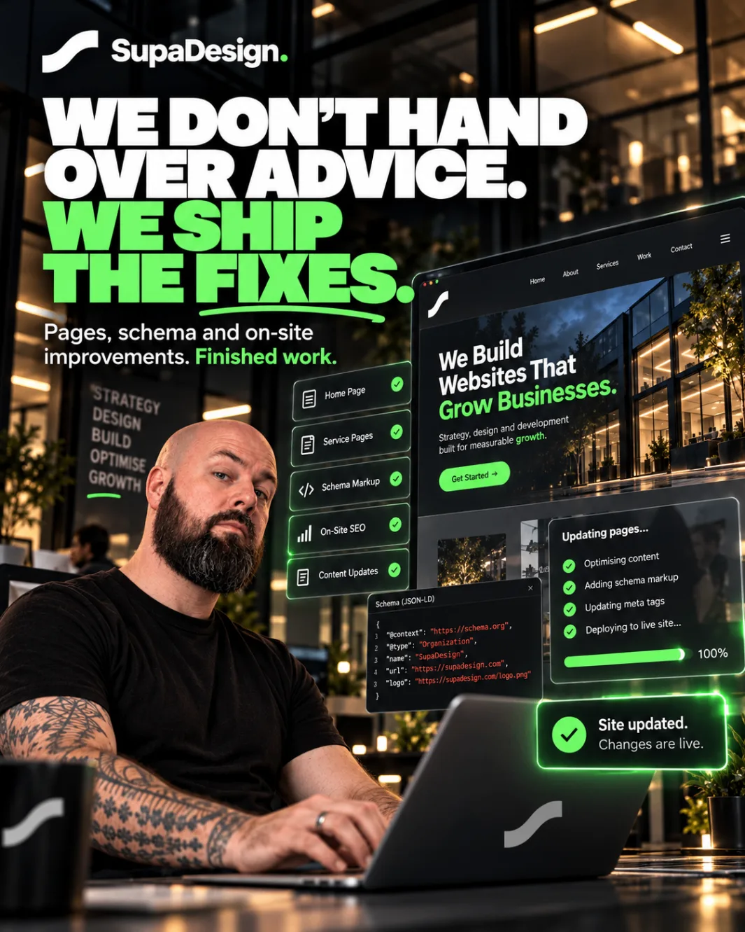 We don't hand over advice. We ship the fixes — pages, schema and on-site improvements