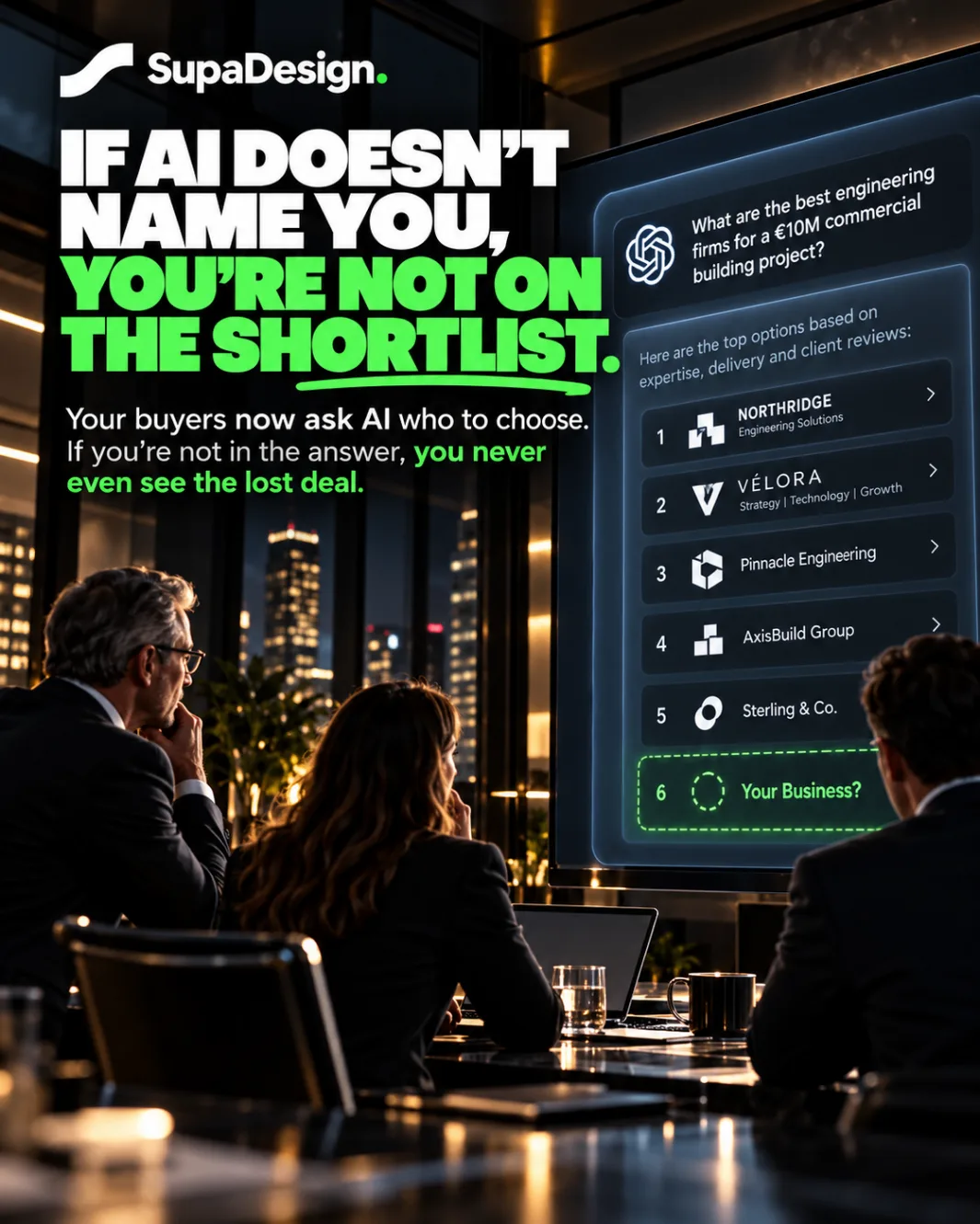 If AI doesn't name you, you're not on the shortlist — illustrative AI answer listing other firms